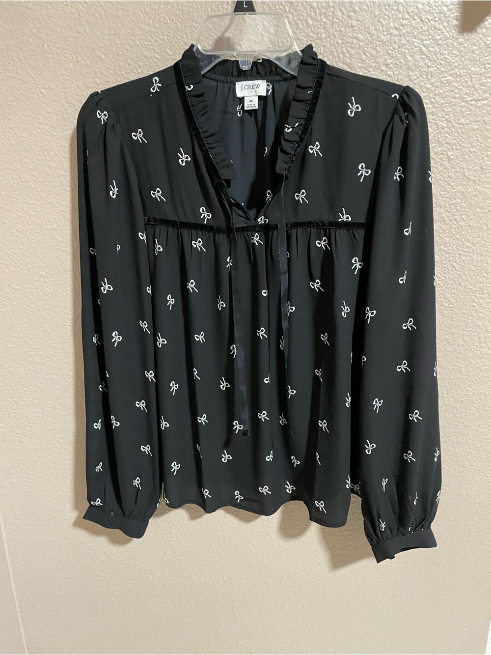 J. Crew Black Bow-Print Long-Sleeve Blouse
